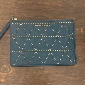 Michael Kors Teal Leather Wristlet with Gold Studs